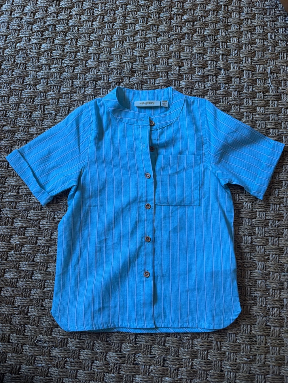 Soft Gallery Bright Blue Cotton Striped Short Sleeve Button-Front Shirt